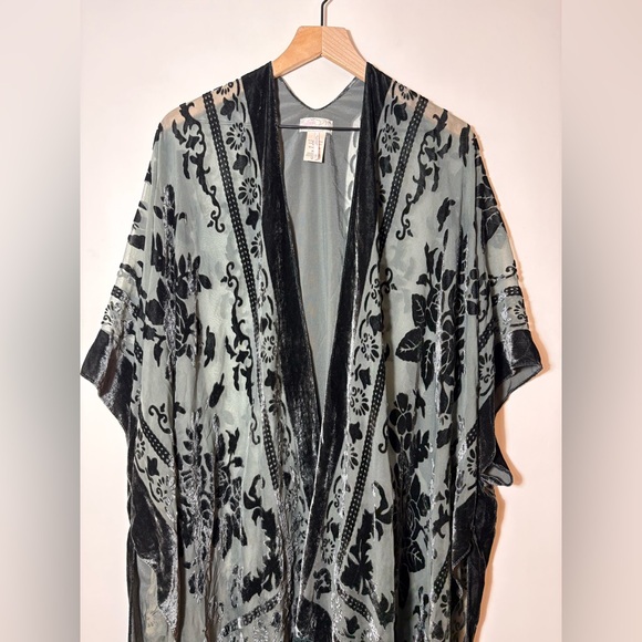 Free People Nightbird Velvet Fringe Kimono Duster Green One Size - Picture 3 of 9